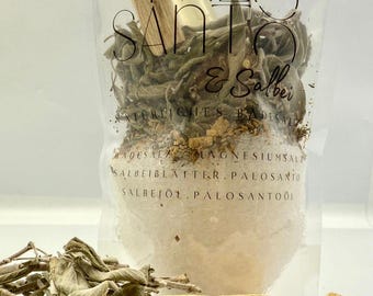 Ritual bath salts Palo Santo & Sage for energy cleansing. Spiritual bath salts. Spirituality. Smudging. Spotify code with soundtrack.