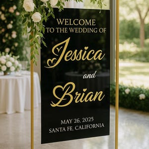 Placa de boas-vindas de acrílico personalizada para casamento com nomes em espelho 3D, sinalização de casamento, decoração de casamento, placa de noivado, recepção de casamento