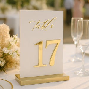 Wedding Table Numbers with Stand, White Acrylic 3D Gold Table Signs, Custom Acrylic Signs, Wedding Table Decor, Arch Table Numbers