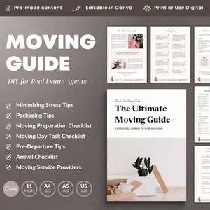 Op de afbeelding: Een printbare verhuisgids voor makelaars. De gids bevat tips voor het minimaliseren van stress, verpakken, voorbereiden op de verhuizing, taken op de verhuisdag, voor vertrek, aankomstchecklist en verhuisbedrijven. De gids is beschikbaar in 11 pagina's, A4, A5 en US-formaten.