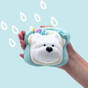 Taba Squishy -Bear Toast Teal soft squishy toy in a bag, kawaii desk toy, stress relief toy, squishy toy, unique fun, handmade squeeze toy.
