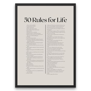 Arte da parete 50 regole per la vita / Poster d'arte moderna / Arte da parete con citazione / Vari colori inclusi / Stampe d'arte digitale stampabili / Decorazione della parete di casa
