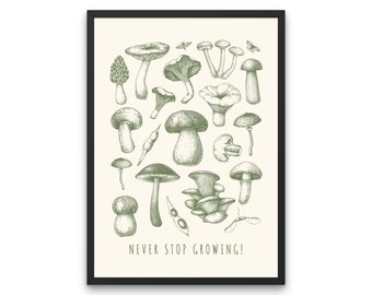 Vintage Mushroom Delight | "Never Stop Growing" | Digital Art Print | Quote Wall Art | Printable Digital Art Prints | Home Wall Decor