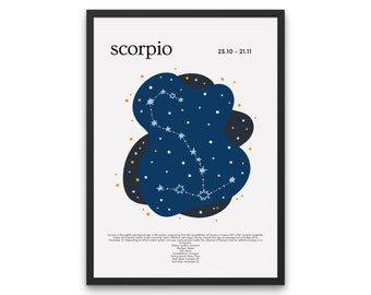 Puede incluir: Una ilustración azul y blanca de la constelación de Escorpio con estrellas doradas sobre un fondo blanco. El texto "Scorpio" y "23.10 - 21.11" está impreso en negro en la parte superior de la imagen.