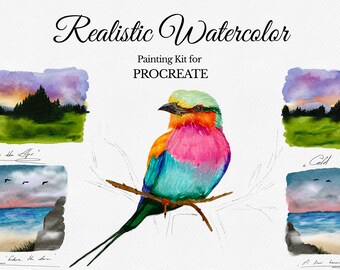 May include: A watercolor painting kit for Procreate featuring a colorful bird perched on a branch. The bird has a pink chest, orange wings, and a green head. The image also includes watercolor landscape sketches and the text "Realistic Watercolor".