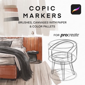 Op de afbeelding: Digitale illustratie van een slaapkamer met de tekst "COPIC MARKERS" en "BRUSHES, CANVASES WITH PAPER & COLOR PALLETS" en "FOR procreate". De scène omvat een bed, een bijzettafel en een geschetste stoel.