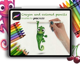 May include: A digital illustration of a green chameleon hanging from a white stylus on a white background. The image is on a tablet screen with the text "Crayon and colored pencils brushes for procreate" at the top. There are rows of colored crayons and colored pencils on either side of the screen.