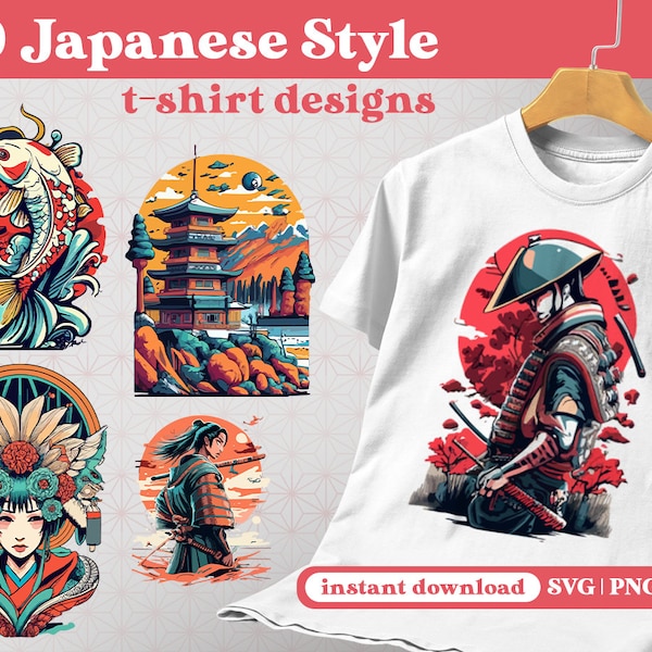 30 Japanese Themed Anime T-Shirt Design Bundle Streetwear Cyberpunk SVG PNG EPS for Commercial Use Samurai Geisha Dragon for Custom Apparels