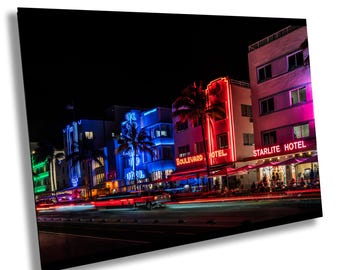 Paisaje nocturno de South Beach, Miami, paisaje urbano con luces de neón, fotografía de Miami Beach, fotografía de viajes a Miami, ilustraciones con luces de neón