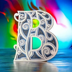 May include: A silver-colored, intricately designed letter B with a blue and white layered pattern. The letter is set against a colorful, blurred background.