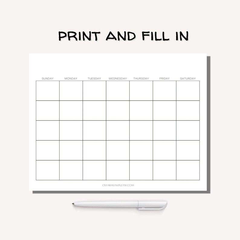 Blank Monthly Calendar Printable PDF Wall Calendar Minimalistic