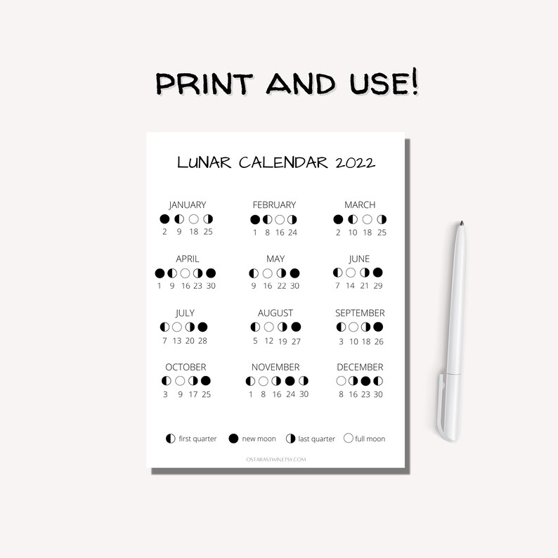 Lunar Calendar 2023 Printable Lunar Calendar Moon Phases Etsy