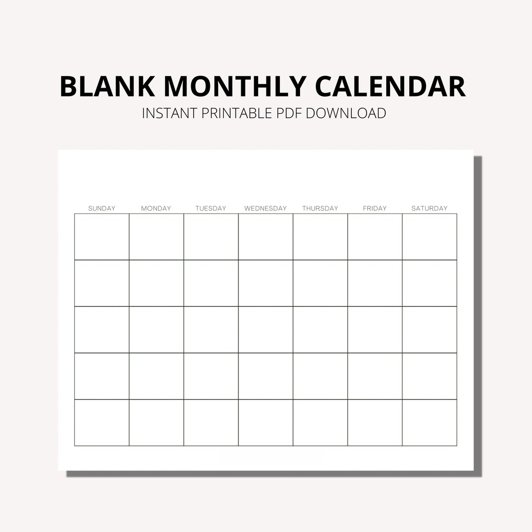 Blank Monthly Calendar Printable PDF Wall Calendar Minimalistic ...