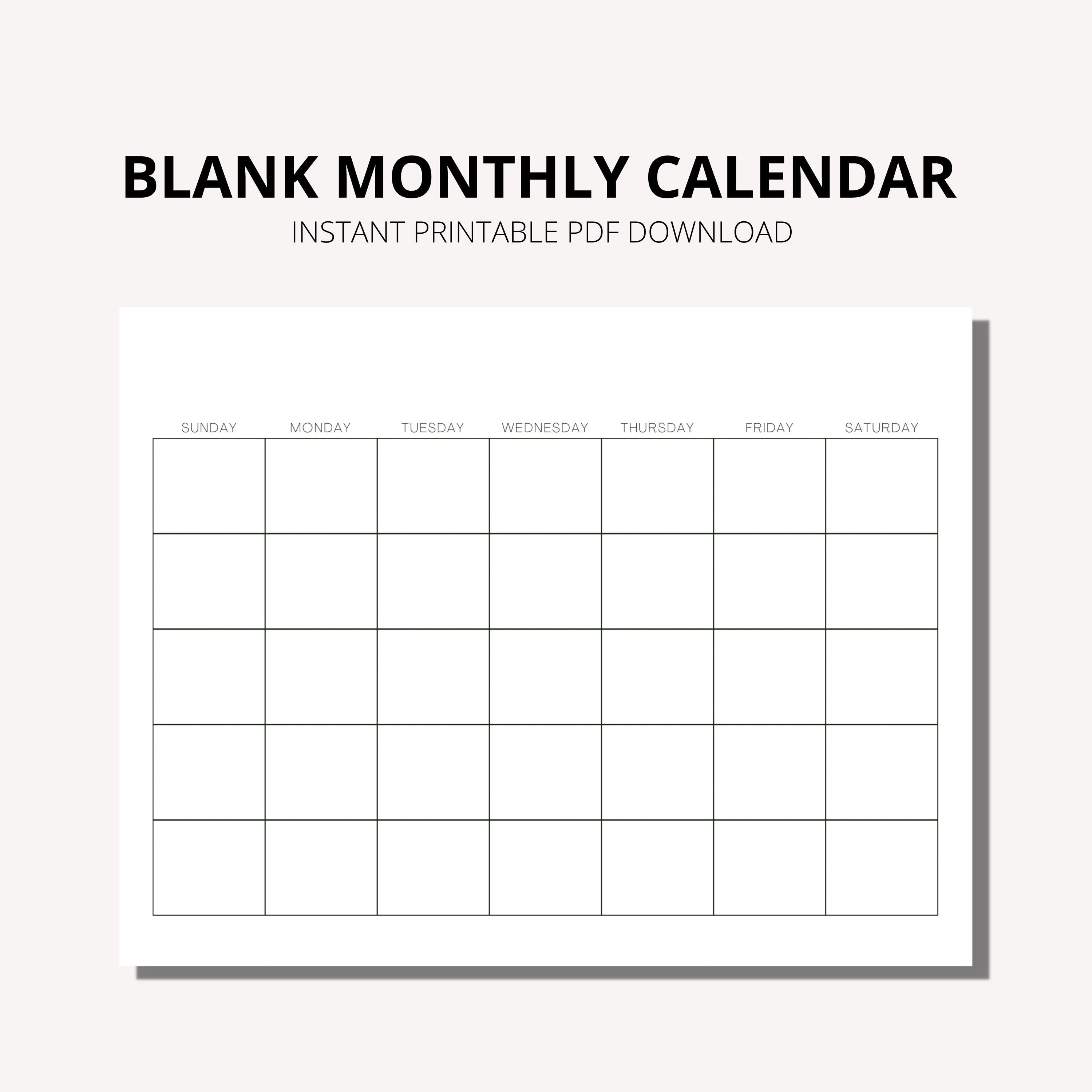 Blank Monthly Calendar Printable PDF Wall Calendar Etsy