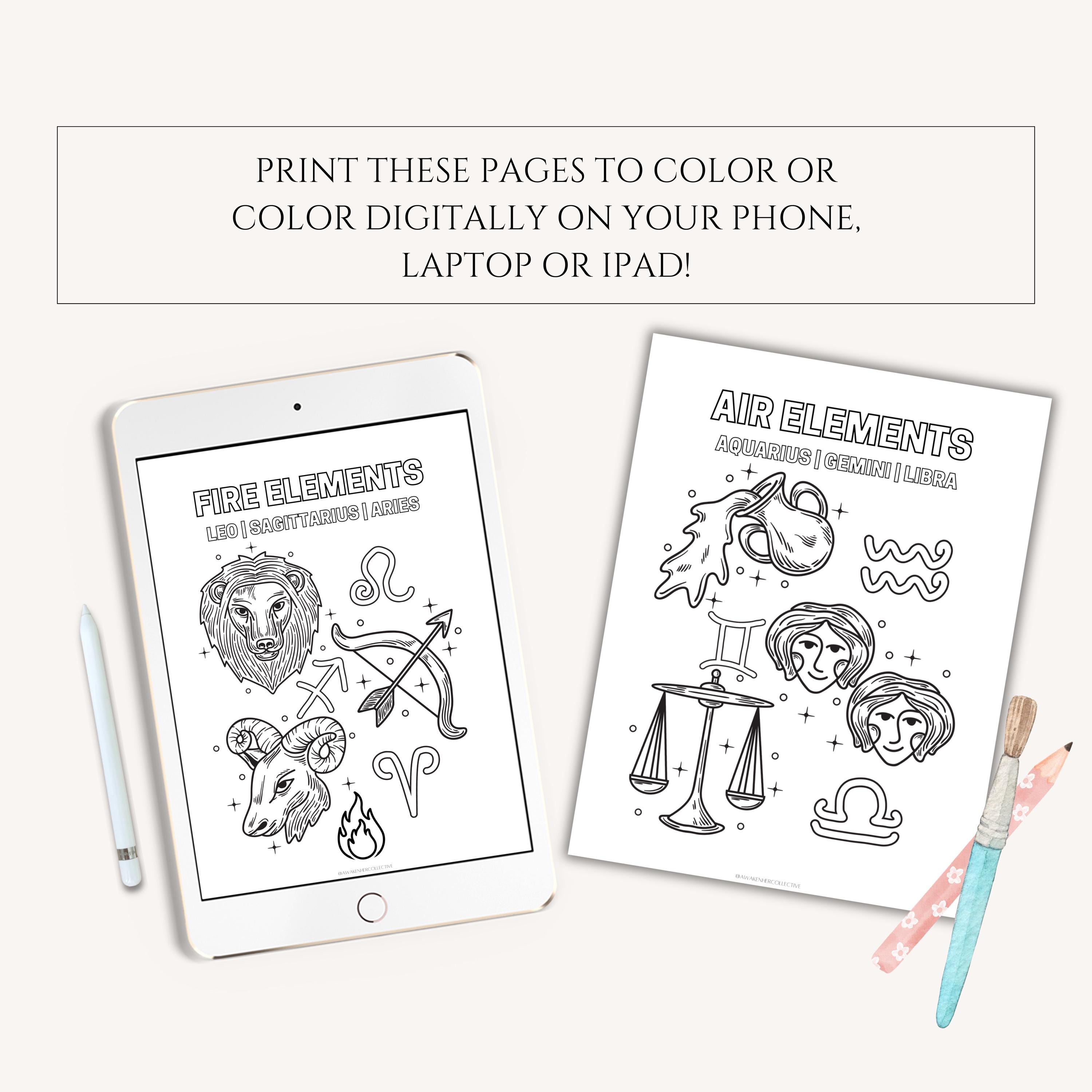 4 Pack Zodiac Elements Coloring Page - Witchy Coloring Page - Magical ...