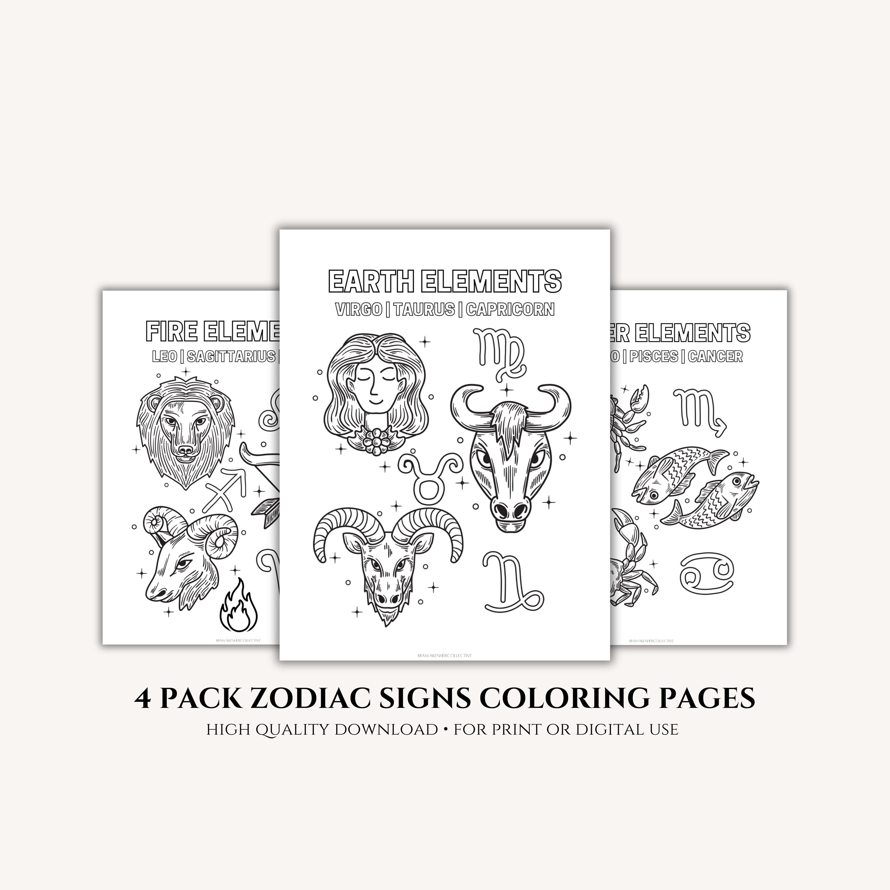 4 Pack Zodiac Elements Coloring Page - Witchy Coloring Page - Magical ...