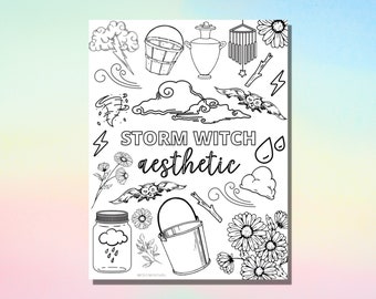 Storm Witch Aesthetic Coloring Page - Witch Coloring Page - Printable Coloring Pages - Spiritual Coloring Page - Adult Coloring Page