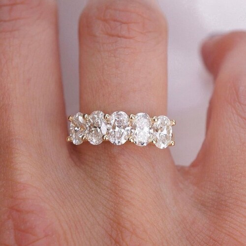 Emerald Cut Lab Diamond Ring, Dainty Seven Stone Diamond Wedding Band, Bezel Set Ring, 14K Yellow shops Gold Band Ring, Stacking Ring For Women