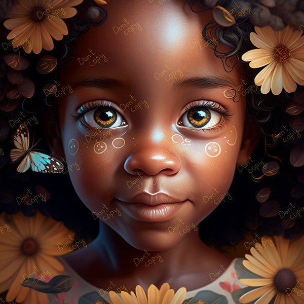 Beautiful melanin girl with sunflowers, big brown eyes, African American clipart, high quality printing, PNG Planner, t-shirt Sublimation