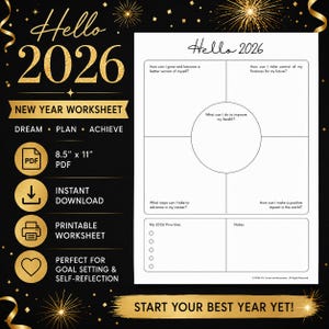 Op de afbeelding: Een zwart en goudkleurig Nieuwjaarswerkblad met de tekst "Hello 2026". Het werkblad is 21,6 cm x 27,9 cm groot en bevat secties voor doelstellingen, zelfreflectie en planning voor het nieuwe jaar. Het is een printbare PDF.