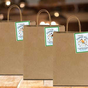 May include: Three brown paper bags with green and blue thank you tags. The tags feature a cartoon girl with brown hair and a blue dress. The text on the tags reads "Thank You" and includes a message about supporting Girl Scout Cookies.