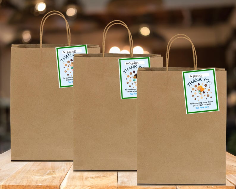 May include: Three brown paper bags with green and blue thank you tags. The tags feature a cartoon girl with brown hair and a blue dress. The text on the tags reads "Thank You" and includes a message about supporting Girl Scout Cookies.