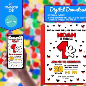 Mickey modifiable 1er anniversaire en téléchargement numérique, invitations pour premier anniversaire de garçon, oreilles de souris mignonnes, fournitures de fête d'un an