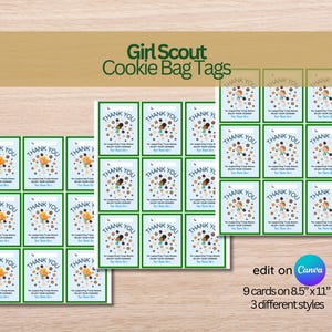 May include: Nine printable Girl Scout cookie bag tags in three different designs. Each tag features a blue background with a cartoon girl scout and the text "Thank You" in a green circle. The tags are designed to be printed on 8.5 x 11 inch paper.