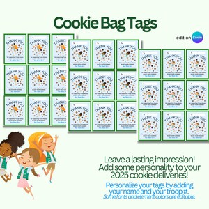 May include: A set of 24 printable cookie bag tags featuring a green border and a blue background with a circle of brown and white cookies. The text "Thank You" is printed in black on each tag. The tags are designed for Girl Scout cookie sales.