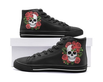 May include: Black high-top canvas shoes with a white skull and red roses graphic.