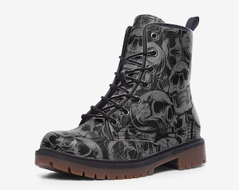 Gray Skull Boots – Gothic Faux Leather Platform Boots