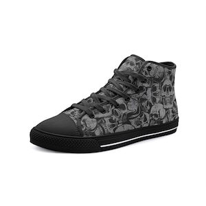 Gray Skull High Top Sneakers - Cool Unisex High Top Trainers for Casual Vintage Wear | Handmade Shoes for Halloween, Birthday Gift Idea