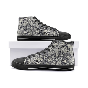Silver Skull High Top Sneakers - Unisex High Top Trainers for Casual Vintage Wear | Handmade Shoes for Halloween, Birthday Gift Idea