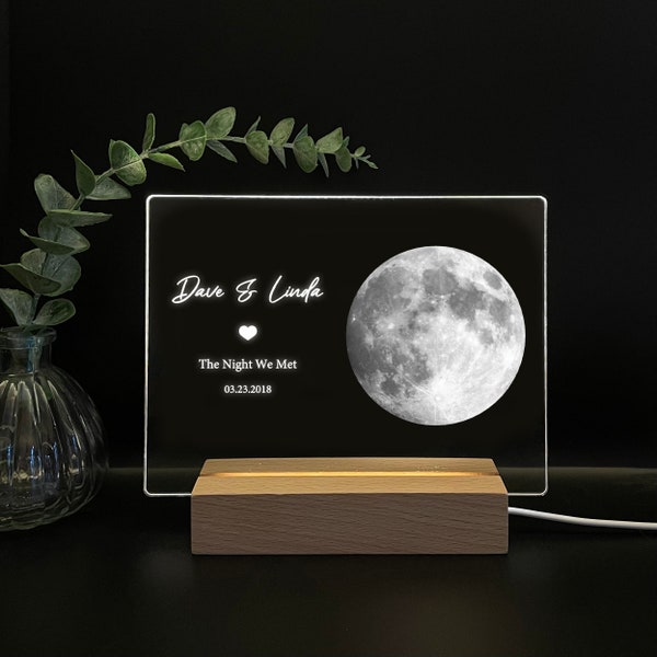 Veilleuse phase de lune personnalisée par date, ciel nocturne personnalisé par date, lampe imprimée ciel nocturne, cadeaux d'anniversaire d'un an pour petit ami