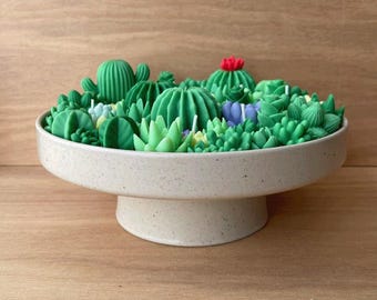 Succulent Cactus Garden Candle Centerpiece: Handmade Ceramic Pedestal Bowl