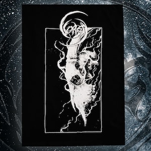 May include: Black and white illustration of a skull with a swirling design above it. The skull is surrounded by a black rectangle.