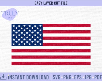 May include: A layered SVG cut file of the American flag. The flag is red, white, and blue with 50 white stars on a blue field and 13 red and white stripes.