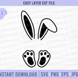 Può includere: File di taglio SVG a strati in bianco e nero di un coniglio con orecchie e piedi. Il file è per una facile sovrapposizione e taglio.