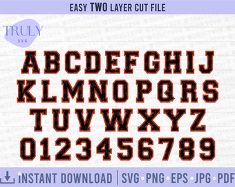May include: A two-layer cut file of a varsity style alphabet and numbers. The letters and numbers are black with a red outline. The text "EASY TWO LAYER CUT FILE" is at the top of the image. The text "INSTANT DOWNLOAD | SVG PNG EPS JPG PDF" is at the bottom of the image.