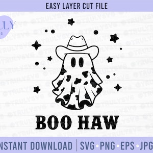 Boo Haw SVG, Cowboy Ghost SVG, Ghost SVG, Halloween svg, drôle, cowgirl, chapeau de cowboy, ambiance effrayante, téléchargement numérique cricut cutfile vache print