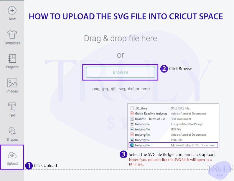 Puede incluir: Una captura de pantalla de una pantalla de computadora que muestra instrucciones sobre c&oacute;mo cargar un archivo SVG en Cricut Space. Las instrucciones incluyen arrastrar y soltar el archivo, hacer clic en el bot&oacute;n "Examinar" y seleccionar el archivo SVG de una lista de archivos. El texto "Haga clic en Cargar" est&aacute; resaltado en azul.