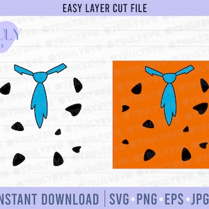 May include: A digital cut file for a cartoon character costume. The file includes a blue tie and a pattern of black spots on a white background. The second image shows the same pattern on an orange background.