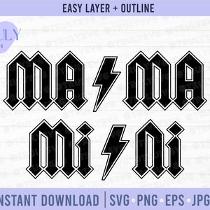May include: Black and white graphic design with the text "Mama" and "Mini" in a bold, gothic font. A lightning bolt graphic is between the words.
