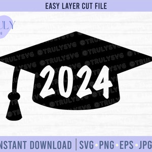 May include: Black and white graduation cap silhouette with the year 2024 in white text. The cap has a tassel.