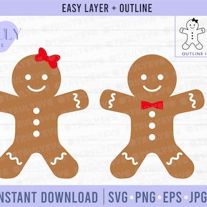 May include: A digital design file for a gingerbread couple. The gingerbread person on the left is wearing a red bow and the gingerbread person on the right is wearing a red bow tie. The design is layered for easy cutting and includes an outline.