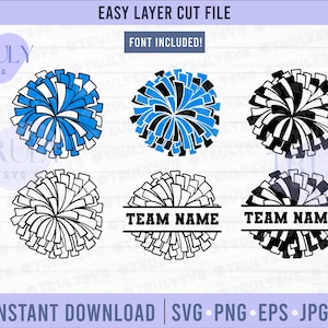 Könnte beinhalten: Digitale Design-Datei mit sechs Cheerleading-Pompon-Grafiken. Designs umfassen blau-weiß, schwarz-blau und schwarz-weiß Pompons. Zwei Designs haben Platz für einen Teamnamen. Text enthält "Easy Layer Cut File" und "Font Included!"