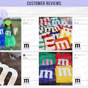 May include: Customer reviews for a digital download of an M-shaped design. The design is shown on a brown t-shirt, a variety of colored t-shirts, and two children wearing costumes. The reviews are all five stars.