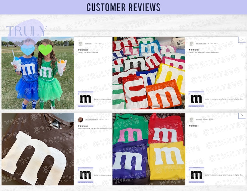 May include: Customer reviews for a digital download of an M-shaped design. The design is shown on a brown t-shirt, a variety of colored t-shirts, and two children wearing costumes. The reviews are all five stars.