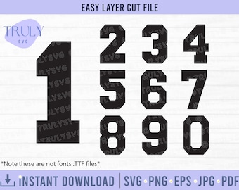 May include: Black and white layered cut file of numbers 1 through 10. The numbers are in a bold, blocky font style. The file is for easy layering and cutting.
