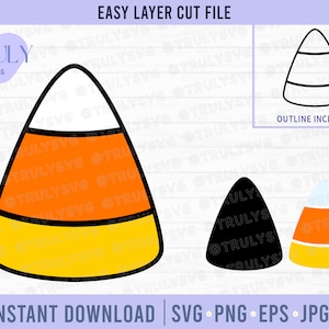 May include: A layered SVG cut file of a candy corn with orange, yellow, and white stripes. The file includes an outline of the candy corn.